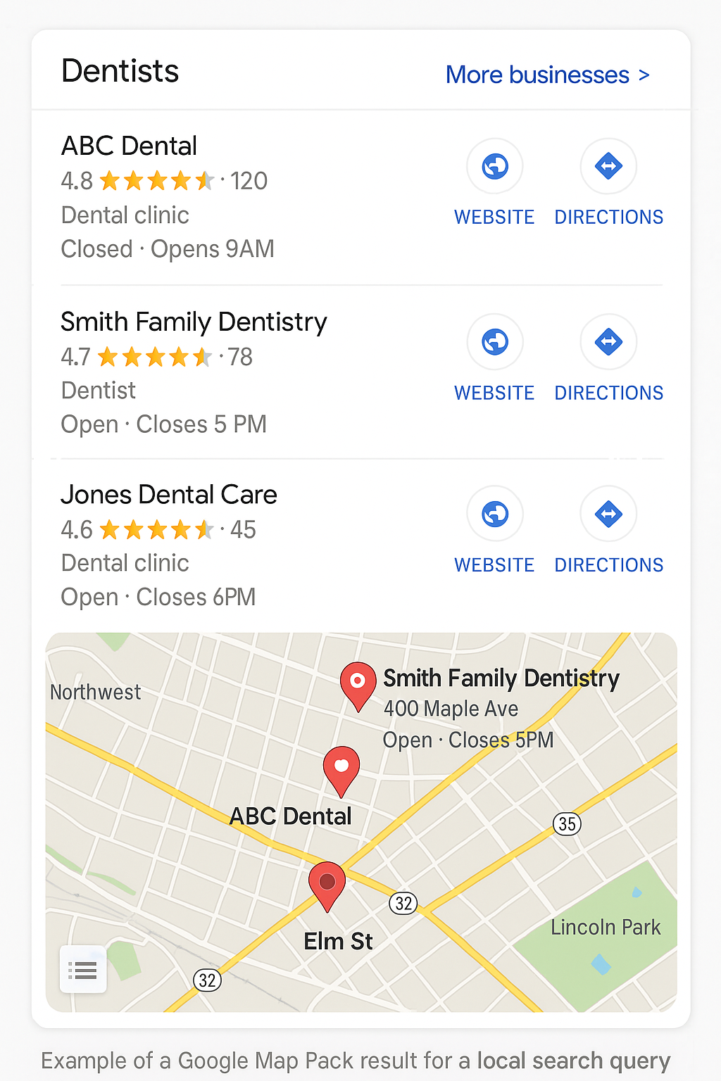 Voorbeeld van Google Map Pack resultaat bij een lokale zoekopdracht